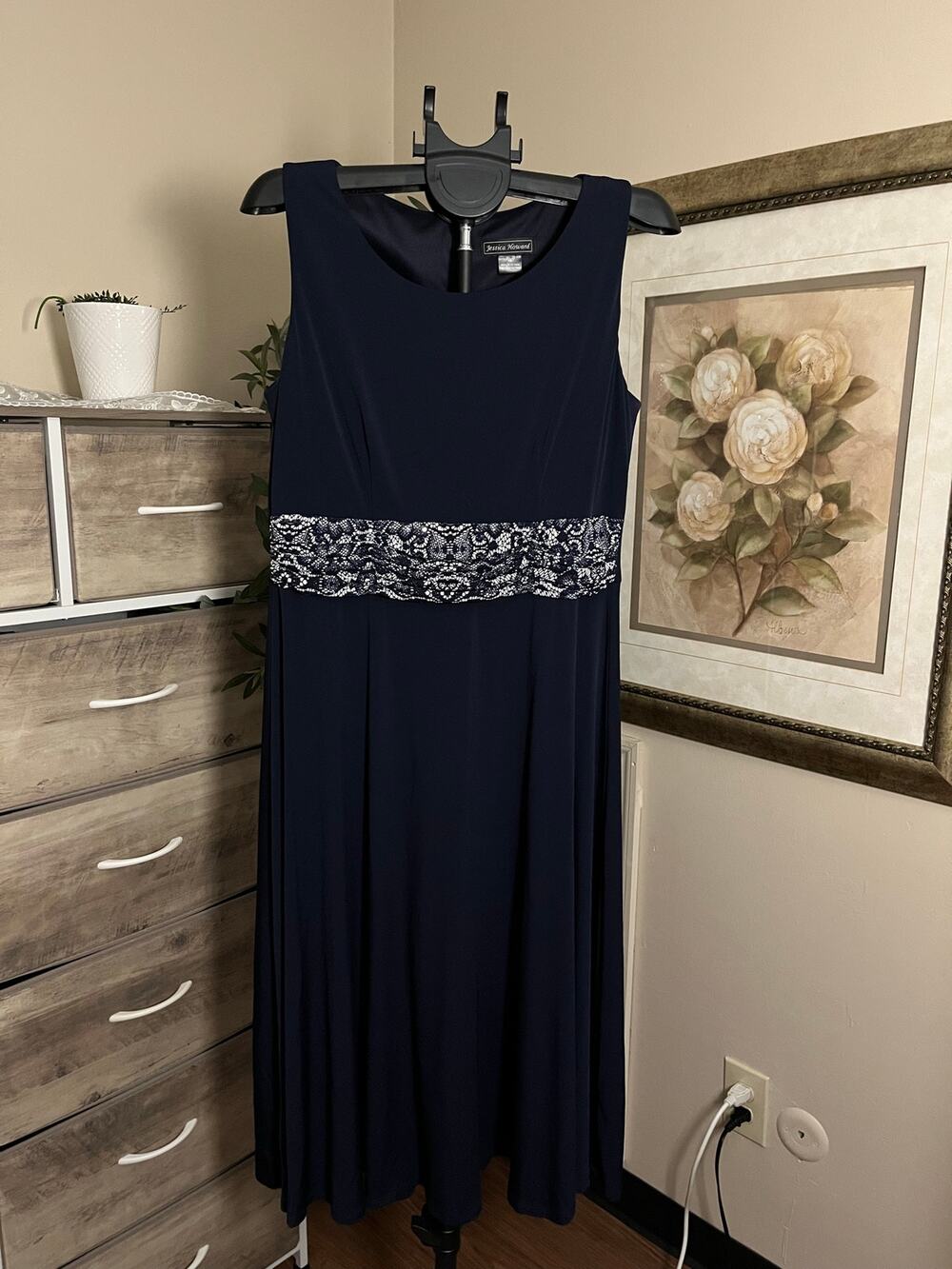 Jessica Howard Women’s Size 16 Navy Blue Maxi Dress Embellished Waist Sleeveless
